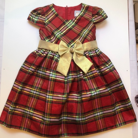 Sweet Charmers Other - SWEET CHARMERS Sparkly Red Plaid Dress Gold Embellished Bow Girl Size 5T EUC
